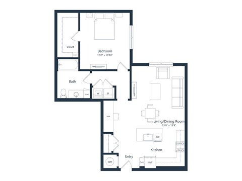 Floor plan for 1 bed, 1 bath, 878 sqft